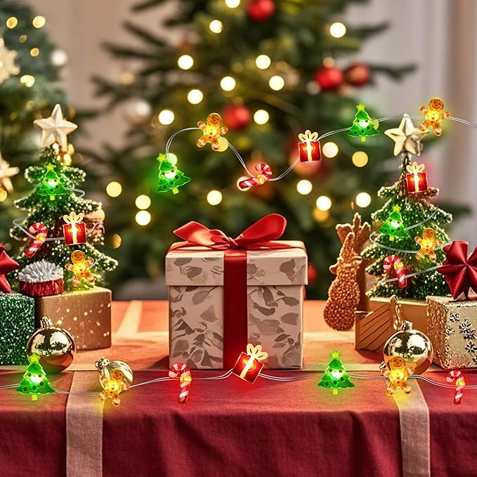 Christmas Lights Battery Operated 12FT 32 LED Xmas Tree Gingerbread Man Candy Cane Gift Box Xmas String Lights, Christmas Fairy Lights for Tree Light Decorations Table Home Indoor Holiday Decor