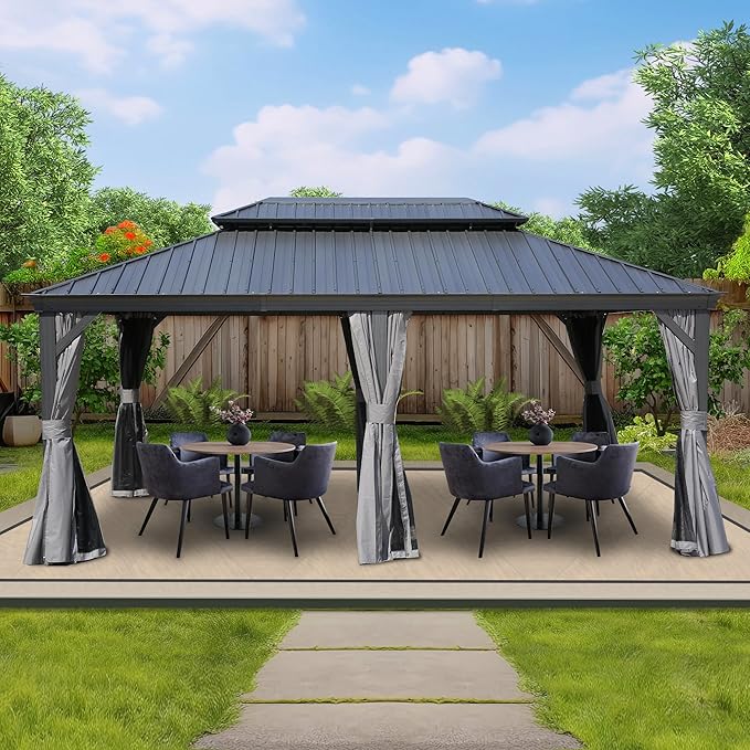 Kozyard Alexander 12' X 18' Hardtop Permanent Aluminum Metal Gazebo with Galvanized Steel Double Roof Canopy, Curtain and Netting Pavilion for Patio, Backyard, Deck, Lawn (Gray)