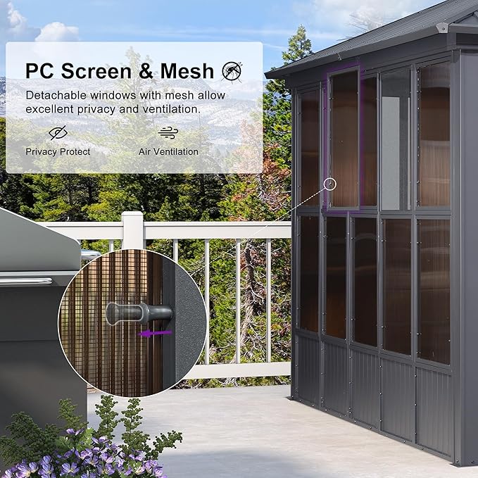 PURPLE LEAF 12' X 16' Solarium Sunroom Permanent Hardtop Screened Gazebo Galvanized Steel Double Roof Aluminum Outdoor Enclosed Gazebo for Hot Tub Lawn Deck Backyard Grey