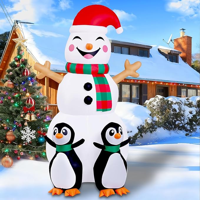 6FT Christmas Inflatables Outdoor Decorations,Inflatable Snowman with 2 Penguins Build-in LED Light-Christmas Blow Up Yard Decorations for Indoor/Outdoor Holiday Garden Lawn Yard Patio