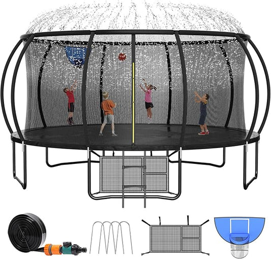 8FT 10FT 12FT 14FT 16FT Trampoline Outdoor, Trampolines for Kids & Adults, Pumpkin Trampolines with Safety Net, Ladder, Coating Metal Frame, ASTM Approved Large Backyard Trampoline for Kids