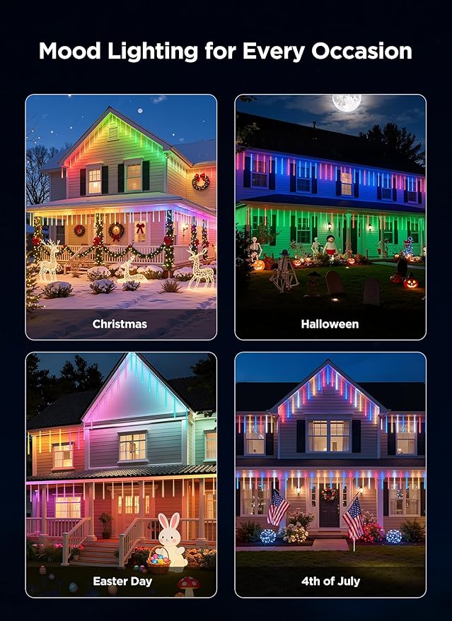Smart Meteor Shower Lights Outdoor, 16Tube 256LED 24.6ft Color Changing Dripping Icicle Christmas Lights for Outdoor Outside, APP Controlled RGB Customize Display DIY Dynamic Lighting Effec