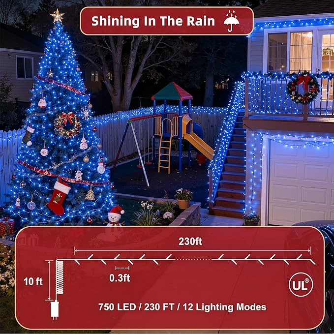 240ft Outdoor Christmas Lights, 750 LED Super Long String Lights 12 Modes & Timer Memory, Dimmable Outsite Waterproof Light Strings for Xmas Tree Garden Wedding Party Holiday Decorations Blue