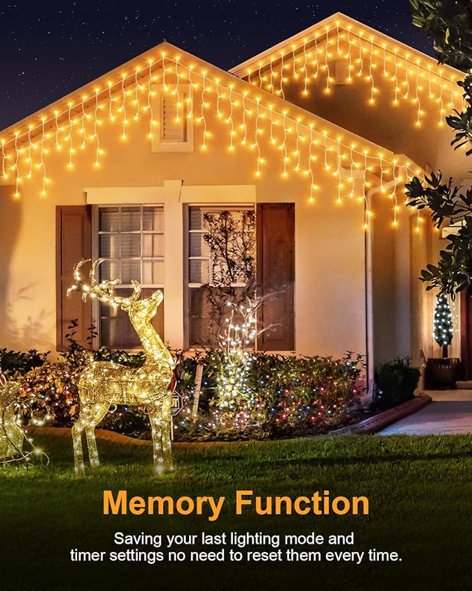 Christmas Lights Outdoor, 53 FT 486 LED Christmas Light for Outside, Timer & Memory, Plug in 8 Modes Hanging Fairy Light with 108 Drops for House Eaves Yard Patio Holidays Decorations, Warm White