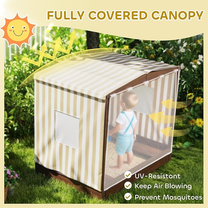 Qaba Kids Wooden Sandbox with Canopy, Large Wood Sand Pit with Mesh Door, 2 Bench Seats, Bottom Liner, Outdoor Snad Box for Backyard, Garden, Patio, Beach, Brown