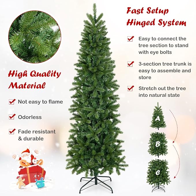 GOFLAME 6ft Pre-lit Pencil Christmas Tree, Artificial Christmas Tree with 270 LED Lights, 10 Light Modes, 648 Branch Tips, Metal Stand, Hinged Xmas Tree for Holiday Festival Decor
