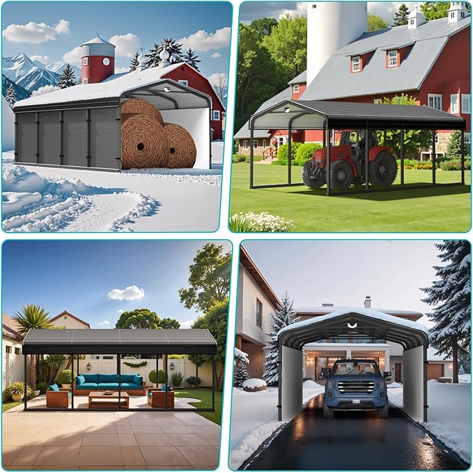 12x20 Metal Carport, Heavy Duty Car Carport Canopy, Galvanized Steel Roof Car Tent Garage, CarPorts with Removable Polyethylene Sidewalls