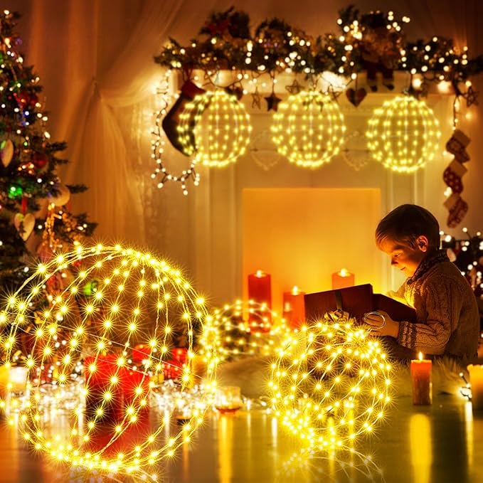 Joomer 2 Pack Christmas Big Ball Lights, 20IN & 18IN Foldable Metal Sphere Lights Waterproof with Timer, Plug-in Hanging Tree Globe Light for Christmas Decorations-Warm White (Non-connectable)