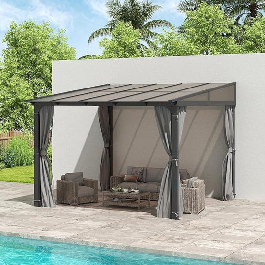 10'x10' Gazebo, Wall Mounted Gazebo with Aluminum Frame, Curtains and Netting for Patio,Decks, Garden and Lawn
