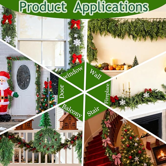 Grever 6 Feet Christmas Artificial Cedar Garland Real Touch Fake Evergreen Greenery Garland for Indoor and Outdoor Fireplace, Mantle, Door, Windows, Table, Stairs, Wall, Wedding and Holiday Decor