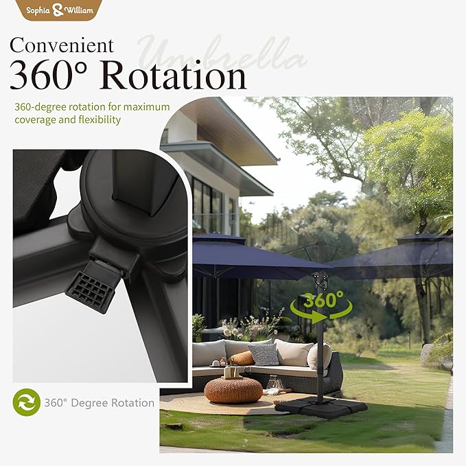 Sophia & William 12ft Cantilever Patio Umbrella with Base, Large Rectangular Umbrellas with 360-degree Rotation, Aluminum Pole for Garden Pool Backyard, Navy Blue