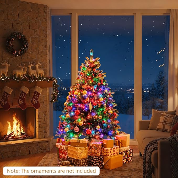 GOFLAME 5FT Pre-lit Artificial Christmas Tree, Hinged Xmas Tree with Remote and App Control, 250 Color & Mode Changing RGB Lights, Timer, 584 Branch Tips, Pine Cones and Red Berries