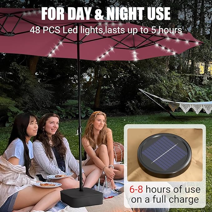 CHABATREE 15FT Rectangle Patio Umbrella with Base & Solar LED Lights - Double-Sided