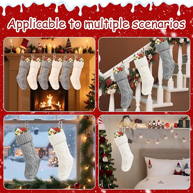 Christmas Stockings 18 Inches,Long Knitted Socks Christmas Decoration Hanging Stocking Fireplace Xmas Tree Stocking for Home Family（6P-3white+3gray）