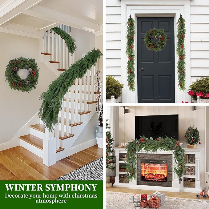 Christmas Garland of Artificial Norfolk Pine 6FT Christmas Decorations Indoor of Real Touch Winter Cedar Garland with Pinecones Red Berries Green Garland for Table Mantle Wall Outdoor