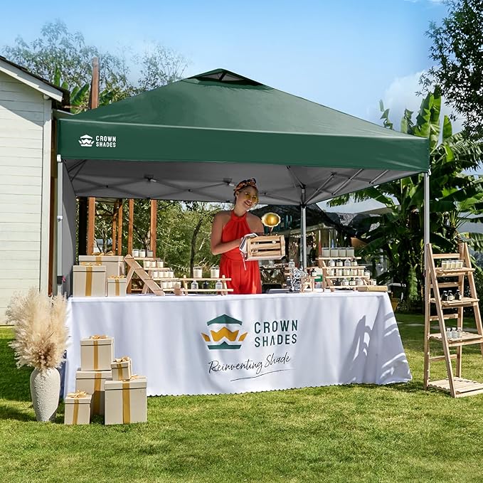 CROWN SHADES 10x10 Pop Up Canopy with 1 Side Wall - Beach Tent with One Push Setup - Outdoor Sun Shade for Events, Parties, Camping - Gazebo with STO-N-Go Cover Bag (Forest Green)