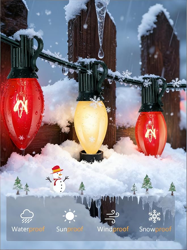 C9 Red and White Christmas String Lights 25Ft C9 Outdoor Christmas Decorations Lights with 26 Red Frosted White Bulbs, Vintage Christmas Light Waterproof for Patio Roofline Party Holiday Garden