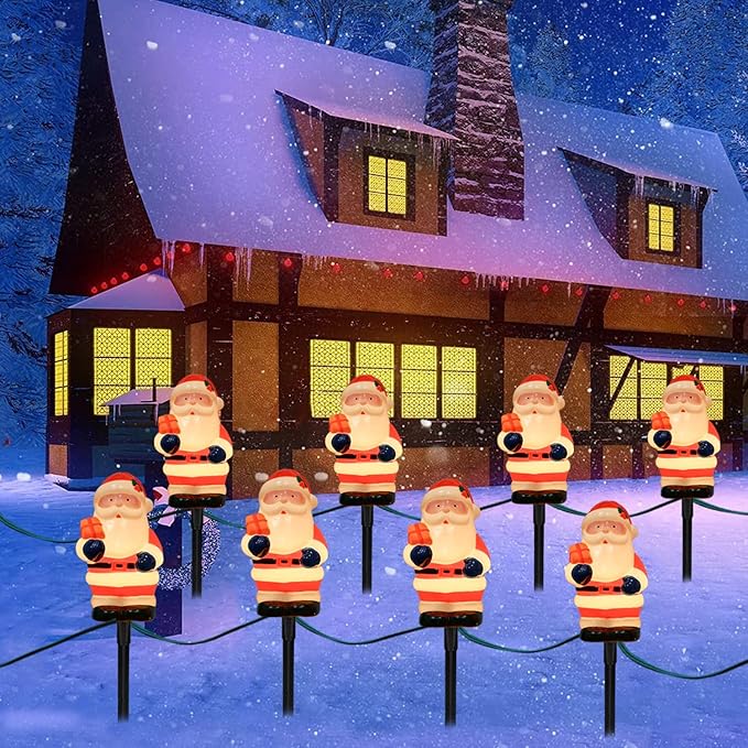GOOTHY 2 Sets Santa Christmas Pathway Lights, 7Ft C7 Outdoor Christmas String Lights with 8 Santa Claus Marker Stakes Light, Connectable Xmas Decorations Light for Patio Yard Driveway Garden Walkway