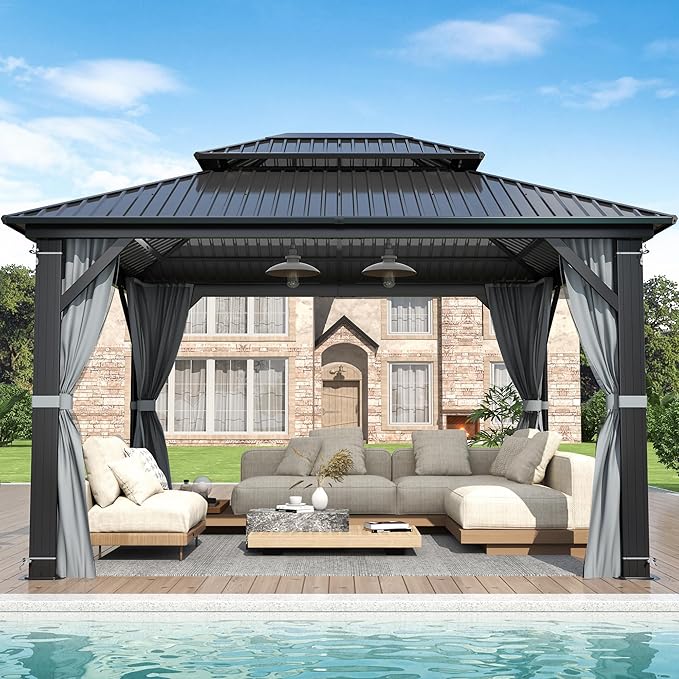 GARTOO 10'x12' Outdoor Hardtop Gazebo with Double Roof - Heavy-Duty Steel Top Aluminum Frame Gazebo with Breathable Netting & Privacy Curtain for Patio, Porch, Garden, Lawn, Deck, Backyard