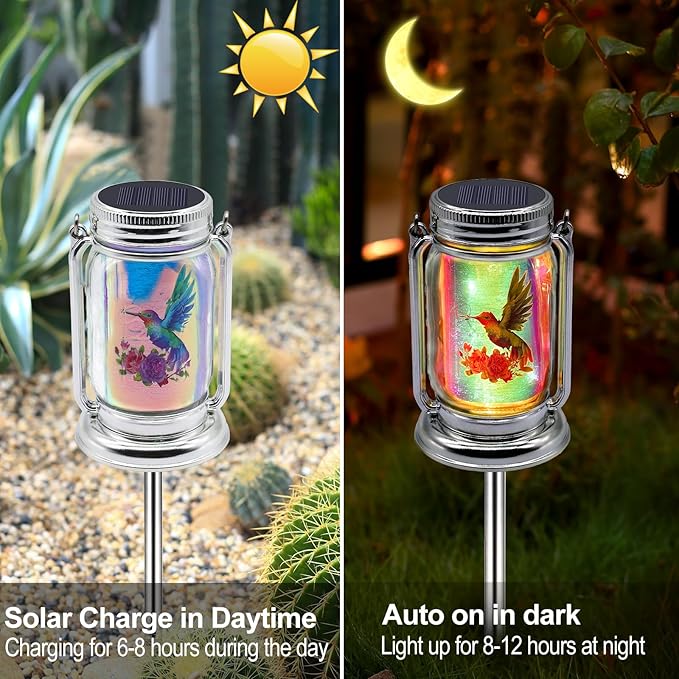 2 Pack Hummingbird Solar Outdoor Lanterns, Gifts for Women Mom Grandma, Vintage Glass Mason Jar Solar Fairy Lights, Waterproof Garden Lights for Patio Yard Lawn Tree Party Decor
