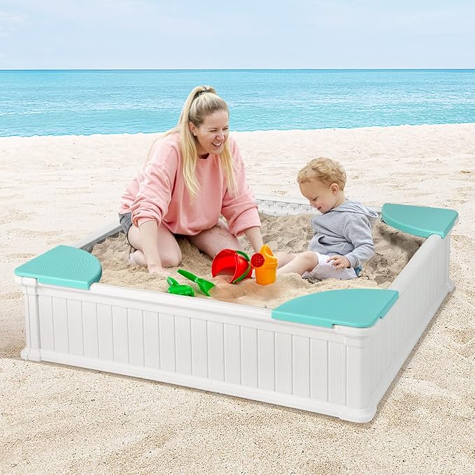 Costzon Kids Sandbox with Cover, 4ft x 4ft HDPE Sandpit with Oxford Cover, Bottom Liner, 4 Corner Seats, Weather Resistant Outdoor Sand Pit for Backyard Lawn Garden Beach (White)
