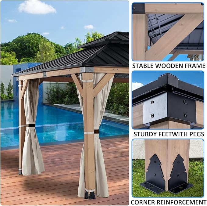 10x12 FT Wooden Hardtop Gazebo,Wood Heavy Duty Solid Cedar Gazebos with Mosquito Netting and Waterproof Curtains,Outdoor Metal Canopy for Deck Patio