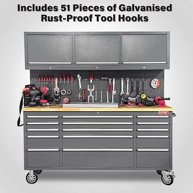 HAUTMEC 72 Rolling Tool Chest, Mobile Garage Workbench, Heavy-Duty Tool Cabinet on Wheels with 15 Drawers, 3 Upper Cabinets, Pegboard & 51 Hooks, Oak Work Surface & Power Strip ? HT0428