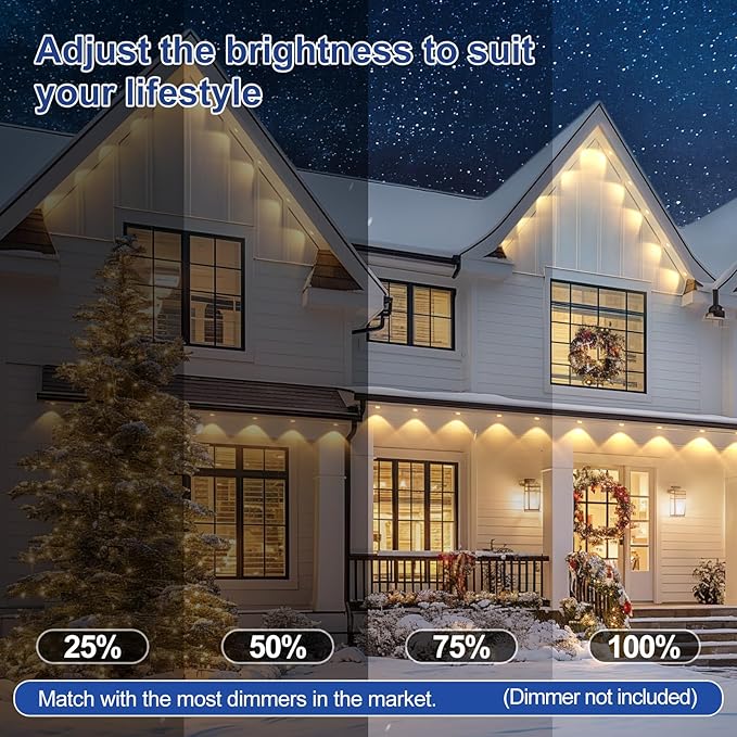 Brightever Permanent Outdoor Lights, Upgraded Warm White Outdoor Light 100FT with 72 LED Lighting, IP65 Waterproof Eaves Lights for Daily, Garden, TV Backlights, Christmas Decor, Dimmable