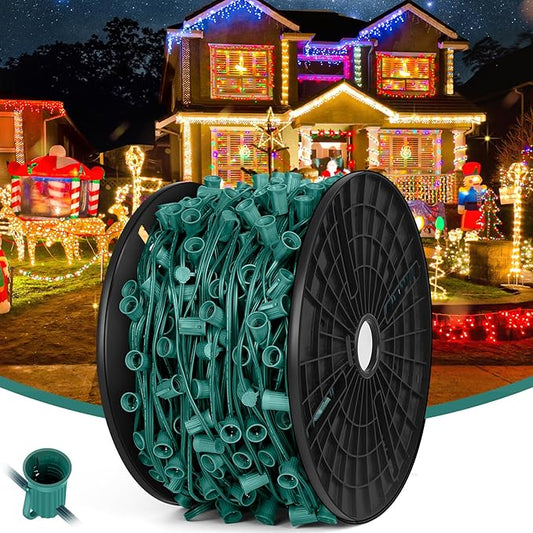 BesLowe Commercial 1000 FT C9 Cut to Length Christmas Lights Outdoor，E17 Sockets C9 Stringer Light Spool, Sockets Patio String Light Strands, 12 Spacing Green Wire Christmas Lights