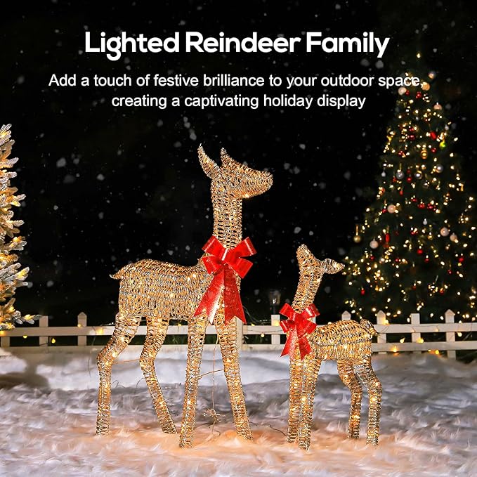 Hykolity 3.5 FT 3D Lighted Outdoor Christmas Reindeers, 2-Piece Light Up Christmas Deers with 130 Warm White LED Lights, Outdoor Reindeer Yard Decoration with Stakes, Zip Ties, Gold