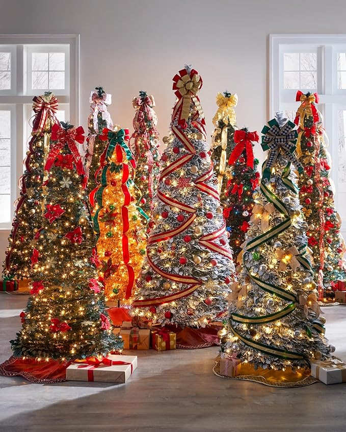 BrylaneHome 6 Ft Fully Decorated Pre-Lit Pop-Up Christmas Tree with 350 Warm Lights & Included Stand, Collapsible, Easy Assembly - Poinsettia