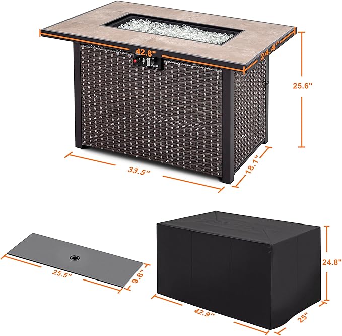 Nuu Garden 43 Inch Outdoor Propane Fire Pit Table 50000 BTU, Patio Gas Fire Pit with Ceramic Tabletop, Weather-Resistant Backyard Fire Table with Oxford Cover, Dark Brown and Coffe