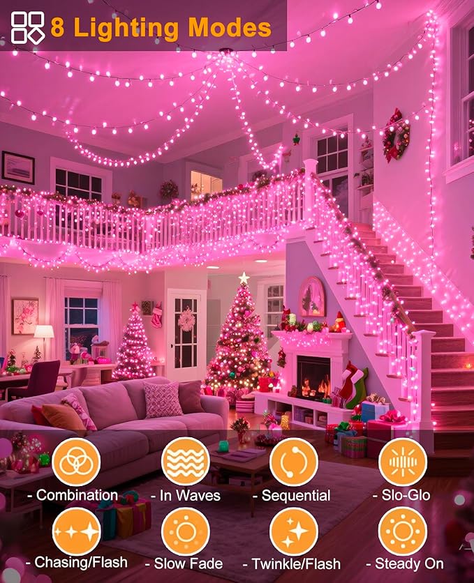 Pink Christmas Lights Outdoor, 80FT 240 LED Christmas Tree Lights Waterproof Plug in, 8 Modes Connectable Christmas Decorations Green Wire for Indoor Bedroom Tree House Holiday