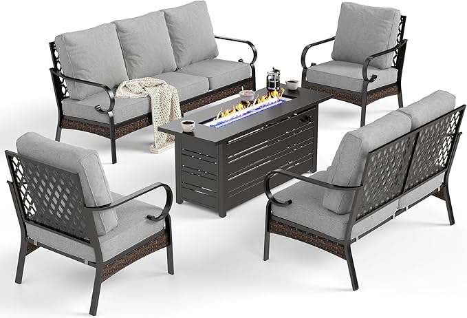 5 PCS Metal Outdoor Patio Furniture Sets with Firepit Table, Patio Conversation Sets 1 3-Seater Sofa, 1 2-Seater Loveseat, 2 Single Sofa with 5.75" Cushion for Backyard, Light Gray