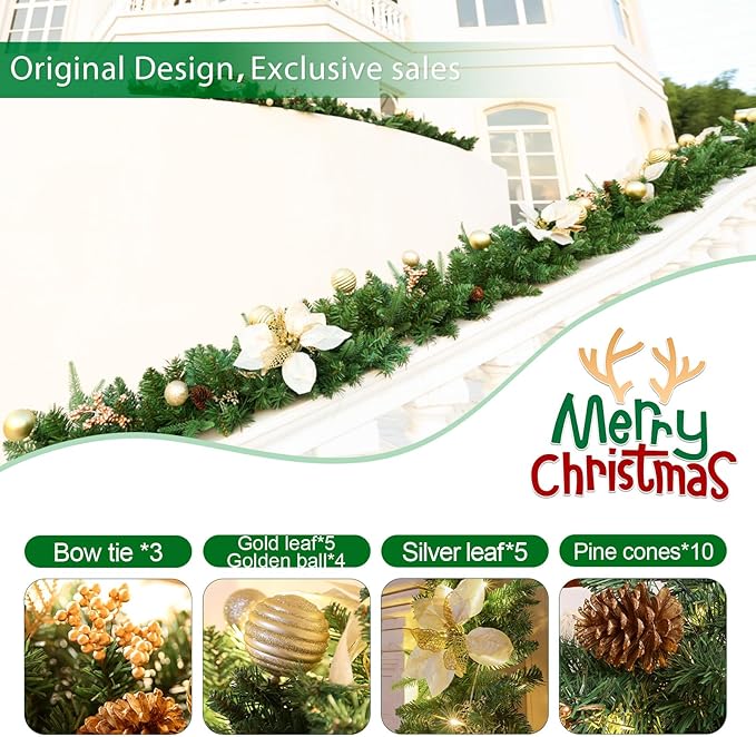 joyhalo Joyhalo 9ft Christmas Garland Decorations with Lights Battery Operated - Outdoor Prelit Christmas Garland for Mantle, Lighted Christmas Garland Indoor for Stairs Railing Fireplace, Gold