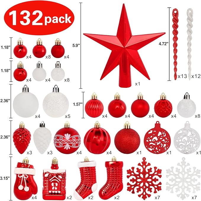 Christmas Tree Ornament Set - 132pcs Red and White Ball Decorations, Shatterproof Hanging Ornaments, Large and Small Assortment for Holiday Party Decor