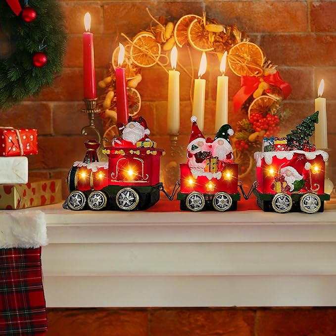 Hexagram Christmas Decorations Indoor Christmas Gnomes Table Centerpieces Train Decor - Lighted Gnome Tabletop Decor, Light Up Xmas Train Figurines for Home