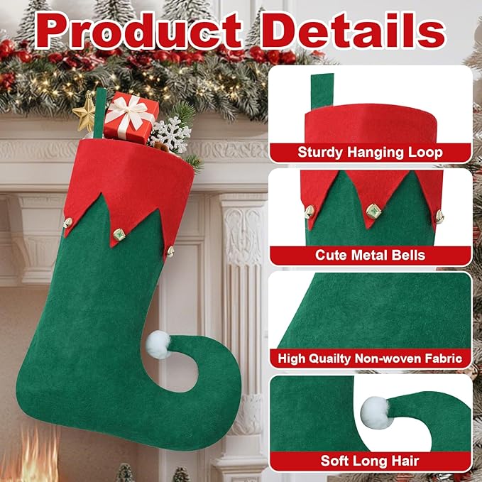 12 Pack Christmas Elf Stockings, Felt Elf Christmas Stocking with Bells Hanging Stockings, Green Xmas Stockings for Family Christmas Holiday Decorations