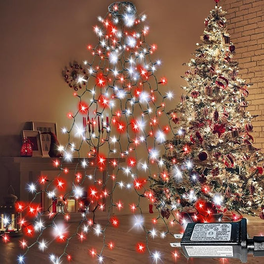 EXF Easy Christmas Tree Lights Indoor Outdoor, 420 LED Christmas String Lights 8.2FT x 12 Lines with 8 Modes & Timer, Waterproof Lamps for Festive Decoration on 8FT Christmas Tree (Red and White)