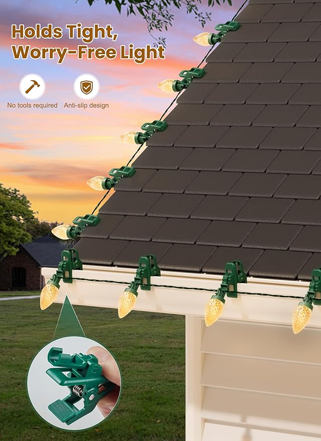 C9 68Ft Led Christmas String Lights 100 LED with Quick Clips Outdoor Waterproof Strawberry Lights, Commercial Grade Extendable for Indoor Outside Roofline Patio Home Xmas Decoration, Warm White