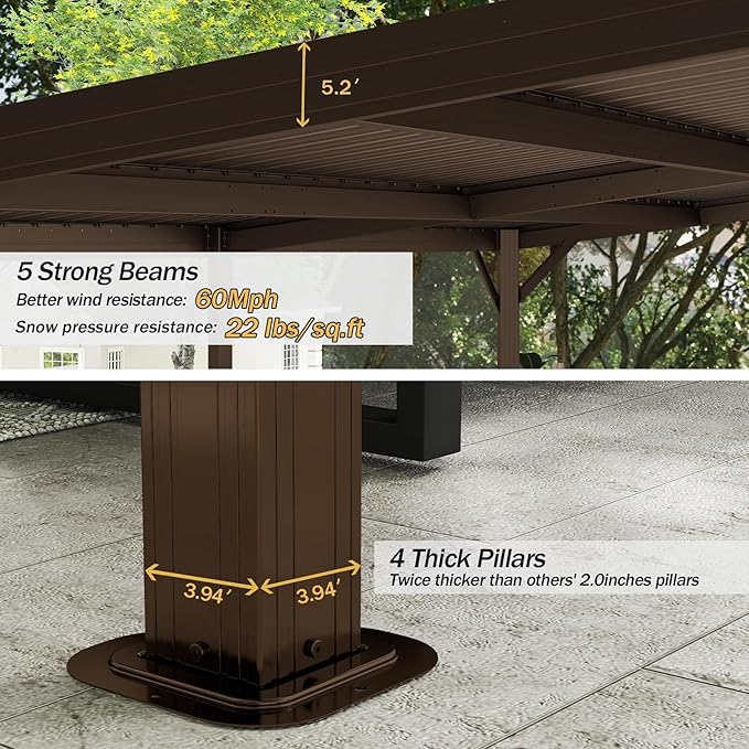 Domi 12'x20' Hardtop Lean to Gazebo with Gutters, Connectable Wall Mounted Gazebo Pergola with Galvanized Steel Roof, 60MPH Wind Resistance, Outdoor Large Metal Canopy, for Patio, Deck, Lawn - Brown