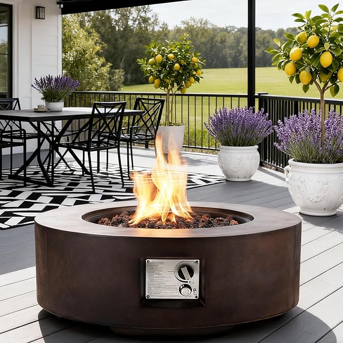 ECOTOUGE Propane Fire Pit Table, Outdoor Gas Fire Pit, 30''Auto-Ignition Round Steel Fire Table, 50,000 BTU Concrete fire Pit w/Weather-Resistant Pit Cover, No Tank Holder, Brown