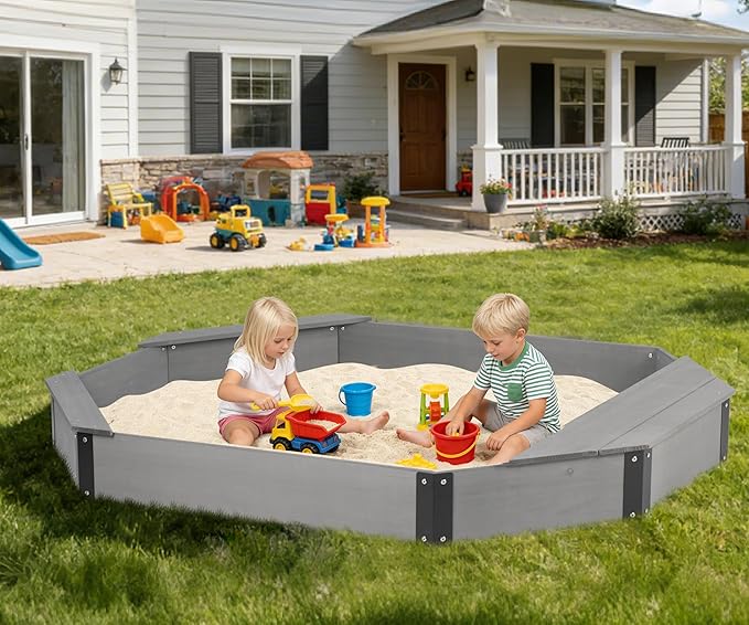 75.5''x53''x8.5'' Octagon Sandbox with Storage Box for Kids Outdoor Play, Wood Large Sandpit with Cover & 3 Benches, Quick Easy Install