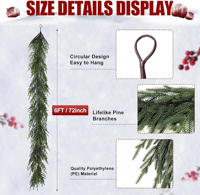 Artgar Pine Garland - 6 Ft Christmas Garland - Artificial Green Cedar Garlands - Garlands Christmas Decorations for Home Mantel Stairs Dining Table Christmas Decor (Green)