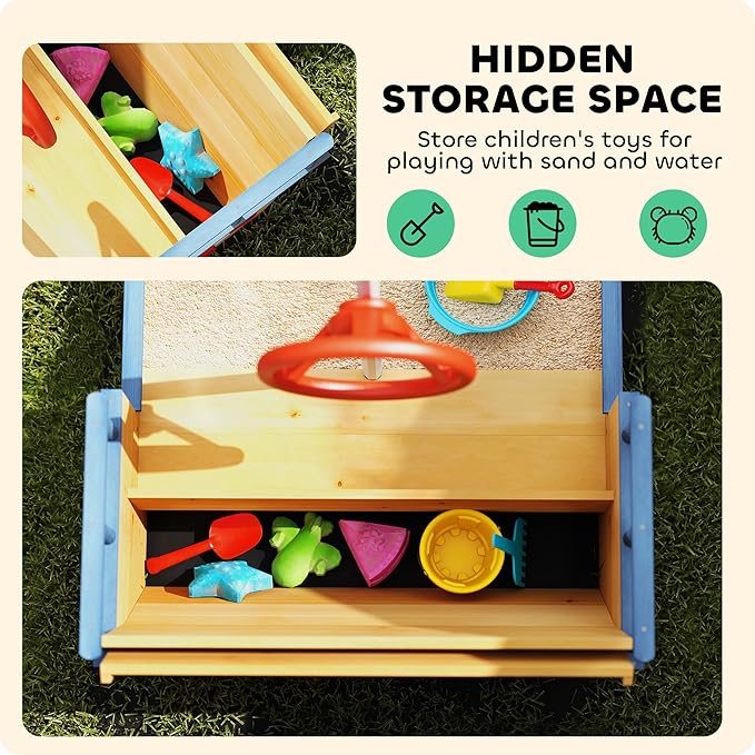 Outsunny Wooden Kids Sandbox, Ship-Shape Outdoor Sandboat with Bench Seats, Storage, Non-Woven Fabric Cloth for Backyard, Lawn, Natural Wood