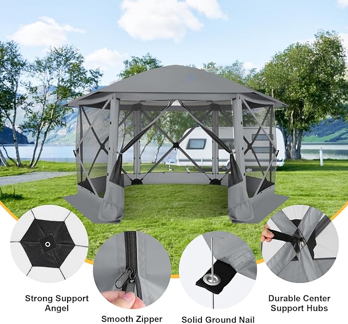 COBlZl Pop Up Gazebo 12x12 Screen House Tent for Camping, Outdoor Instant Stargazing Gazebo Canopy with Awning 2.0, Portable Hub Tent with Mosquito Netting, Pavilion for Backyard,Gray