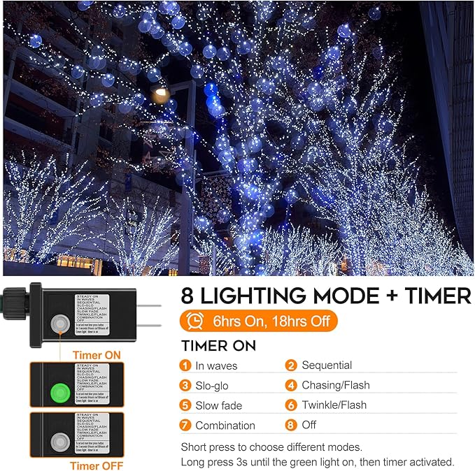 66ft 200 LED Christmas StringLights, End-to-End Plug 8 Modes Christmas Lights with Timer, OutdoorIndoor Fairy Lights Christmas Tree, Patio, Garden, Party, Wedding, Holiday, Cool White
