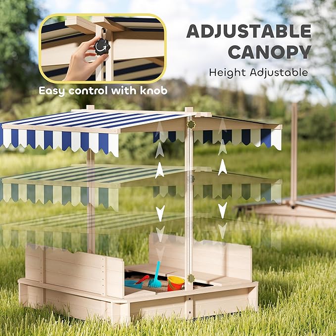 Outsunny Wooden Sandbox with Lid, Kids Sandbox with Canopy Outdoor, Sand Box with Foldable Bench Seats and Sand Protection, Bottom Liner Included, Kids Gift for Aged 3-7, 47X47 in, Natural