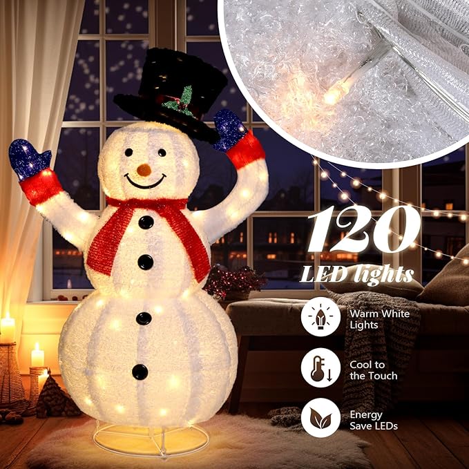VINGLI 4FT Lighted Snowman Christmas Decorations w/ 120 LED Lights, Auto Take on/Off Hat, Pop-up Snowman Ornaments with Ground Stakes for Outside Holiday Indoor Decor