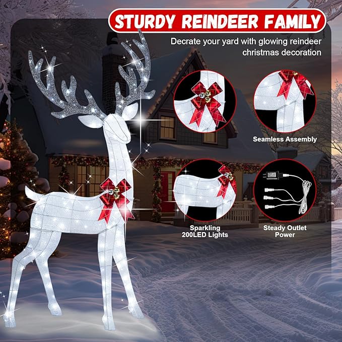 72Inch Light Up Reindeer Outdoor Christmas, 3-Piece 3D Lighted Christmas Deer Family Set with 240 LED Cool White Lights for Yard Patio Lawn Garden Party, White